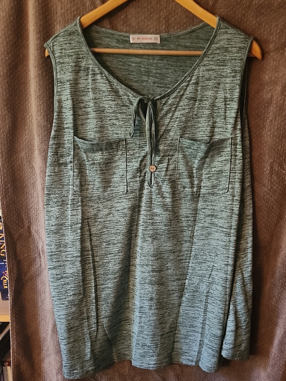 Sleeveless Heathered Teal Tie-Neck Pocket Top
